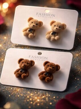 flocked plush teddy bear stud earrings,soft texture and a small decorative bow